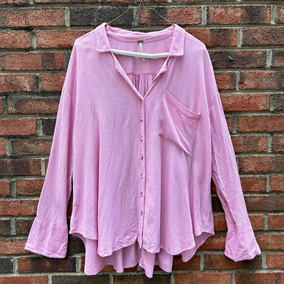 Free People Tops - Free People Gauze Shirt Long Sleeve Pink Stripe Pocket High Low Button Up XS